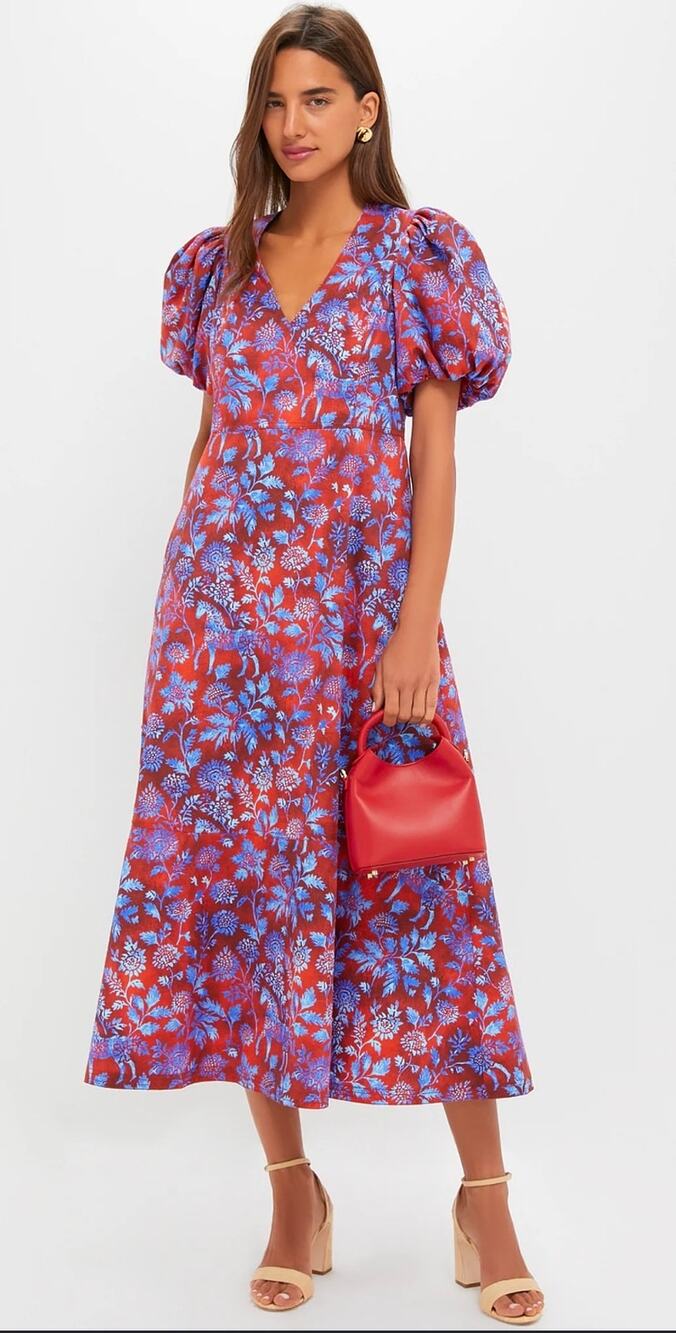 HUNTER BELL Red Floral Maxi Dress with Blue Print